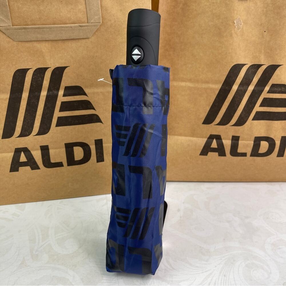 Aldi Gear Automatic Umbrella Aldi Logo Words Letters on Navy NWT